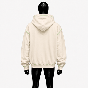 เสื้อฮู้ดซิปสีเบจแบบสั่งทำพิเศษ พร้อมตะเข็บเย็บสีเขียวตัดกัน ปักโลโก้สไตล์โกธิค ทรงโอเวอร์ไซส์ สตรีทแวร์ สำหรับผู้ชาย - Product Image 2