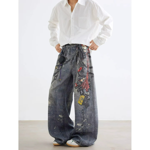 Jeans de mezclilla con estampado 3D de High Street, de pierna ancha y corte recto, estilo vintage, para hombre - Product Image 6