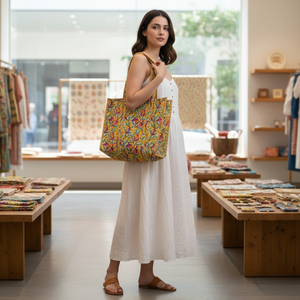 Sac fourre-tout matelassé en coton léger et écologique EcoDari, imprimé indien, motif floral tropical jaune et vert, idéal pour le shopping - Product Image 2