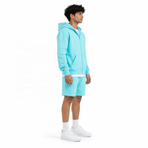 Sweat-shirt à capuche zippé turquoise pour homme en coton French Terry avec poche et logo – Ensemble décontracté d'été avec short – Fournisseur - Product Image 2