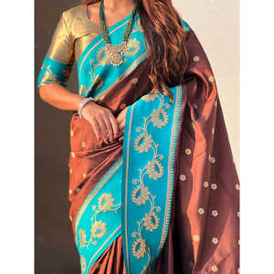 Elite Weaves Coffee <b>Brown</b> Soft Silk Lotus Paithani Saree Traditional Indian <b>Scarf</b> & Shawl 650g - Product Image 2