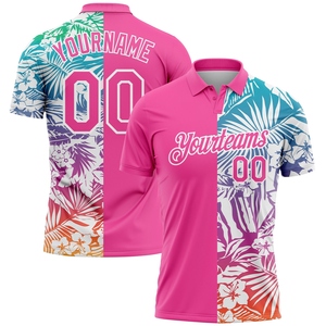Polo de golf de performance à motif 3D personnalisé rose et blanc, feuilles de palmier tropicales, le plus vendu de l'industrie, vente en gros directe - Product Image 1