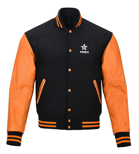 Blouson universitaire pour homme noir et orange, corps en laine, manches en cuir, style baseball, pour l'école, le sport, le collège, blouson Letterman, vente en gros, vêtements d'automne - Product Image 1