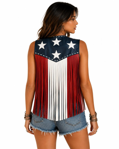 Chaleco sin mangas de cuero genuino para mujer con flecos, cuello en V y bloques de color. - Product Image 5