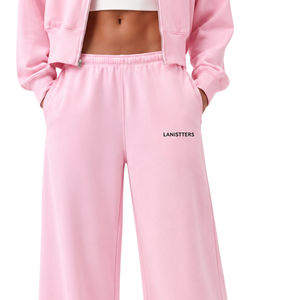 Pantalones de chándal de forro polar rosa para mujer, de pierna ancha, cintura elástica, ajuste holgado, suaves, informales, de invierno, con bolsillos - Product Image 3