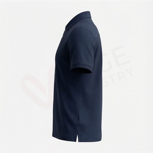 Chemise décontractée pour homme en piqué 100 % polyester bleu marine à manches courtes, respirante, infroissable, coupe classique, design tricoté uni - Product Image 3
