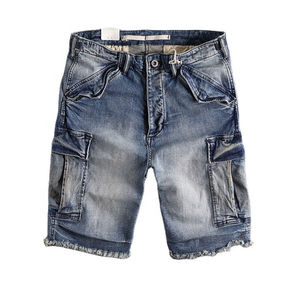 Shorts en jean tissé coupe bootcut pour homme, délavage clair, taille mi-haute, décontracté, été, coton, séchage rapide, vintage - Product Image 1