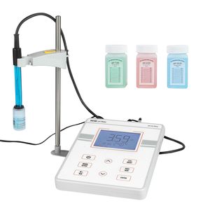 Kit de pH-mètre de paillasse, plage de pH 0-14, grand écran rétroéclairé, solutions d'étalonnage et adaptateur secteur - Product Image 1