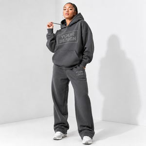 Ensemble assorti surdimensionné personnalisé avec logo sérigraphié pour femme, en molleton de coton et polyester, avec poches latérales et taille côtelée, style streetwear privé - Product Image 4