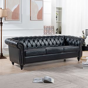 Divano Chesterfield a tre posti con braccioli arrotolati in PU nero da 84,65 pollici per soggiorno - Product Image 2