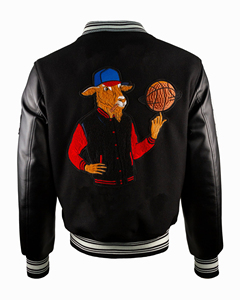 Wholesale New Men's <b>Black</b> Varsity <b>Jacket</b> With Embroidered Basketball Player And Stars Design Leather Sleeves Casual Autumn Wear - Product Image 3