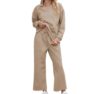 Ensemble de survêtement en lin noir uni pour femme, col en V, manches longues, coupe ample, pantalon long avec poches latérales, tenue décontractée d'été - Product Image 6