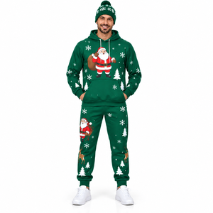 Men Christmas Tracksuit Hoodie Jogger Set Green Santa Print Casual Winter Sweatpants Full Sleeve Breathable Regular Fit - Product Image 1