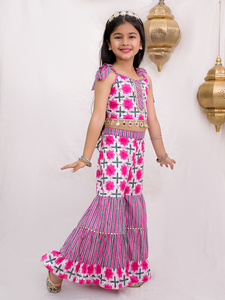 Cotton Woven Mesh Sleeveless Floral Printed Top & Sharara Set Outdoor Wear - Product Image 6