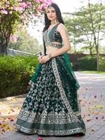 Gaun Lehenga Choli Hijau Zamrud Bordir Bunga Dua Potong Pakaian Pernikahan Bollywood Dengan Dupatta