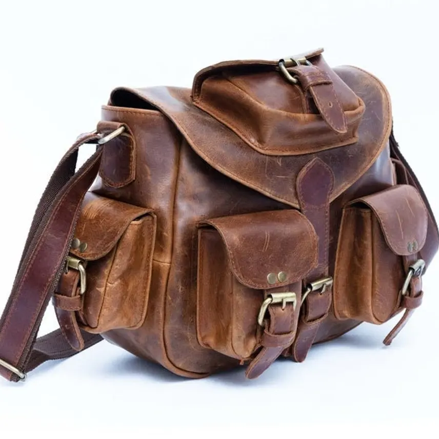 Brass Buckle Pockets Genuine Leather Handmade Vintage Brown Leather Sling Bag Satchel Crossbody Leather Bag