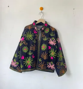 Chaqueta Bordada Floral Hecha a Mano para Mujer, Chaqueta Corta de Terciopelo Azul Marino Oscuro, Estilo Boho, Kimono de Noche - Product Image 1