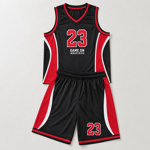 Black And Red Contrast Color OEM Lightweight Sports Outfit Breathable Athletic Training Wear Men's Basketball Game Uniform - Product Image 1