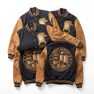 Blouson universitaire en laine bordeaux avec broderie trèfle et fleurs, manches en cuir crème, style bomber, vente en gros - Product Image 4