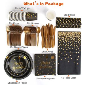 Set di Stoviglie Monouso Nero e Oro da 201 Pezzi per Feste di Compleanno, per 25 Ospiti, Piatti e Bicchieri di Carta da 9OZ, Cannucce per Celebrazioni - Product Image 2