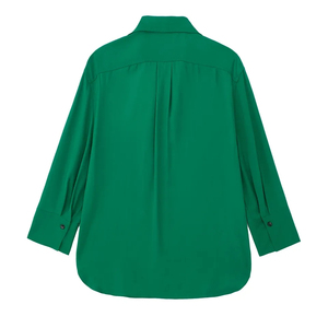 <b>Green</b> Satin Summer Soft Women's Long Sleeve Button-Up Pajama Shirt Lounge Top Sleepwear - Product Image 5