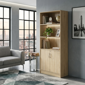 Vitrina Moderna 1743 Combo, Librería de 3 Niveles con Estantes Abiertos, Mueble de Almacenamiento de Madera, Armario Seguro con 2 Puertas con Cerradura, Roble Sonoma - Product Image 1