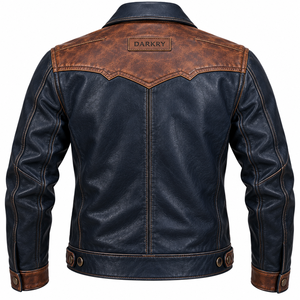 Servicio OEM ODM, Chaqueta de Cuero Vacuno Genuino Azul Marino para Hombre, Chaqueta de Motero Estilo Western Vintage de Dos Tonos Personalizada, Fabricante Mayorista - Product Image 2