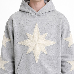 <b>Men's</b> Custom Heavyweight 400 GSM Cotton Applique Distressed Patch Hoodies Rhinestone Crystal <b>Studs</b> Pullover Sweatshirt OEM ODM - Product Image 4