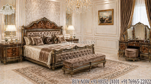 Ensemble de lit king size capitonné finition or d'inspiration palatiale, mobilier de chambre en teck de qualité supérieure avec tables de chevet, Sydney - Product Image 6