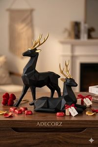 Figuras de ciervos negros con astas doradas en poses de pie y acostadas, estatuas decorativas para encimeras y mesas. - Product Image 3