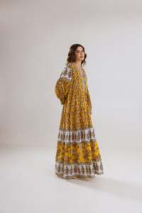 Floral Printed Maxi <b>Dress</b> Women V Neck Lantern Sleeve <b>Boho</b> Loose Cotton <b>Summer</b> Casual Eco-Friendly A-Line Silhouette <b>Dress</b> - Product Image 2