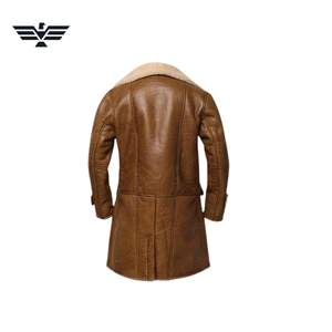 Veste longue en cuir véritable pour homme, doublure en fausse fourrure, col montant, respirante, fermeture éclair, coupe-vent, style moto urbain pour l'hiver - Product Image 2