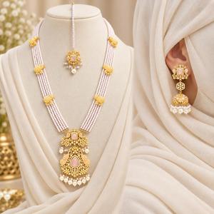 <b>Gold</b> Plated Pink Rani Haar Necklace <b>Set</b> with Jhumka Earrings and Maang Tikka Pakistani Bridal Jewelry Wholesale Manufacturer - Product Image 3