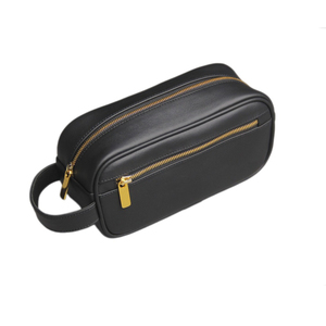 Trousse de Toilette en Cuir Rectangulaire Minimaliste Portable Noire avec Fermeture Éclair en Laiton, Sac de Rangement Simple pour Salle de Bain - Product Image 4