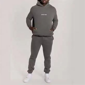 Ensemble de survêtement gris à capuche pour homme de haute qualité en coton/polaire, couleur unie, décontracté, avec poches latérales - Product Image 1