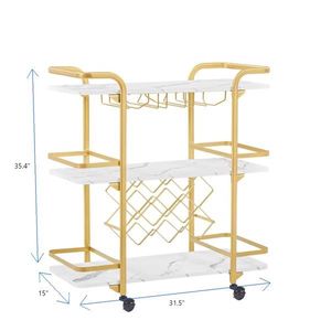 Carrello Bar a Tre Ripiani Dorato con Portabottiglie e Portabicchieri per Famiglie e Piccoli Raduni - Product Image 4