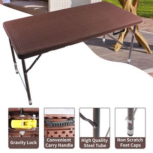 Tavolo Pieghevole Portatile in Rattan Marrone da 4 Piedi, per Interni ed Esterni, con Design Intrecciato - Product Image 3