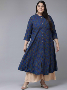 Kurti Anarkali de rayón para mujer, talla grande, con estampado en zigzag, cuello mandarín y mangas tres cuartos en azul. - Product Image 1