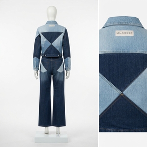 Ensemble deux pièces décontracté pour femme : veste en jean bleu patchwork et jean large assorti, style streetwear - Product Image 4