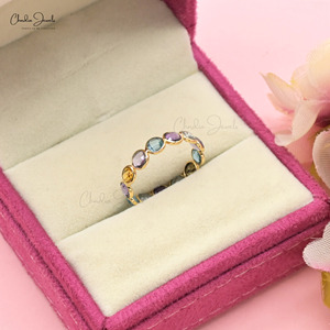 พร้อมส่ง แหวนทองคำแท้ 14K ประดับพลอยแซฟไฟร์หลากสี แหวนทำมือพลอยทรงกลมขนาด 4 มม. แหวนแบบซ้อนได้ ขายส่ง - Product Image 5