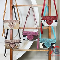 Tas Selempang Mini Kulit Sapi Asli Motif Hati Turquoise Barat, Terlaris, Dengan Tali Bahu Yang Dapat Disesuaikan