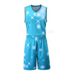 Ensemble de maillots de basket-ball sublimés personnalisés, unisexe, col en V, sans manches, séchage rapide, polyester, imprimé étoiles bleues, toutes saisons, adulte - Product Image 2