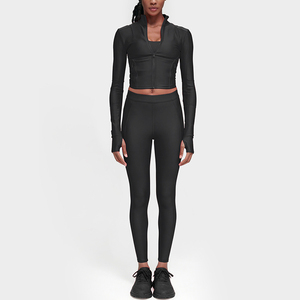 Womens 2 Piece Yoga Set Stand Neck <b>Crop</b> <b>Top</b> High Waist Leggings Full Length Solid <b>Red</b> Spandex Polyester Seamless Four-Way Stres - Product Image 3