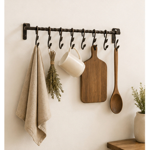 Heavy-Duty Wrought Iron Kitchen Rail Organizer Wall Mounted Rustic Farmhouse Hanging Rack with 10 Sliding <b>Hooks</b> for Pots Pans - Product Image 6