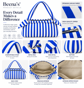 Blue <b>White</b> Striped Sustainable Soft Bow Handbag Zipper Closure Large Capacity Fashion Casual Tote for Daily Use - Product Image 3