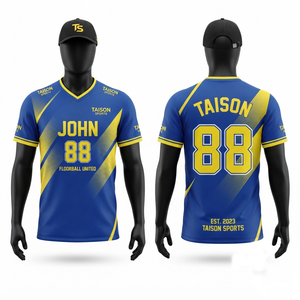 เสื้อฟลอร์บอลผ้าโพลีเอสเตอร์ตาข่ายระบายอากาศ 180 GSM สีน้ำเงิน-เหลือง แบบแผง  ชุดทีมสั่งทำพิเศษ - Product Image 1