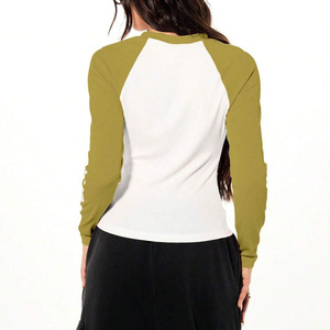 Top Corto de Manga Larga con Bloques de Color y Cuello Redondo para Mujer, Ajuste Delgado, Tejido de Punto, Casual, Transpirable, de Algodón y Spandex - Product Image 2