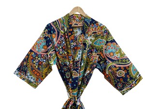 Robe kimono bleu foncé à imprimé floral, longueur intégrale, manches courtes, col en V, fermeture à cordon, vêtements de nuit décontractés d'été - Product Image 2