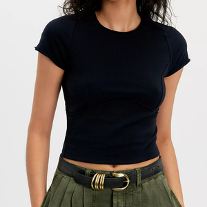 Custom Exposed Seam Short Sleeve Crew Neck Knitted T-Shirt Slim Fit Women's Blue Crop Top Casual <b>Spring</b> Summer Style Women Tees - Product Image 4