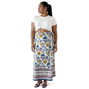 100% algodón puro gitano estilo bohemio falda envolvente para mujer borde grande vibrante azul amarillo follaje estampado hecho éticamente - Product Image 1